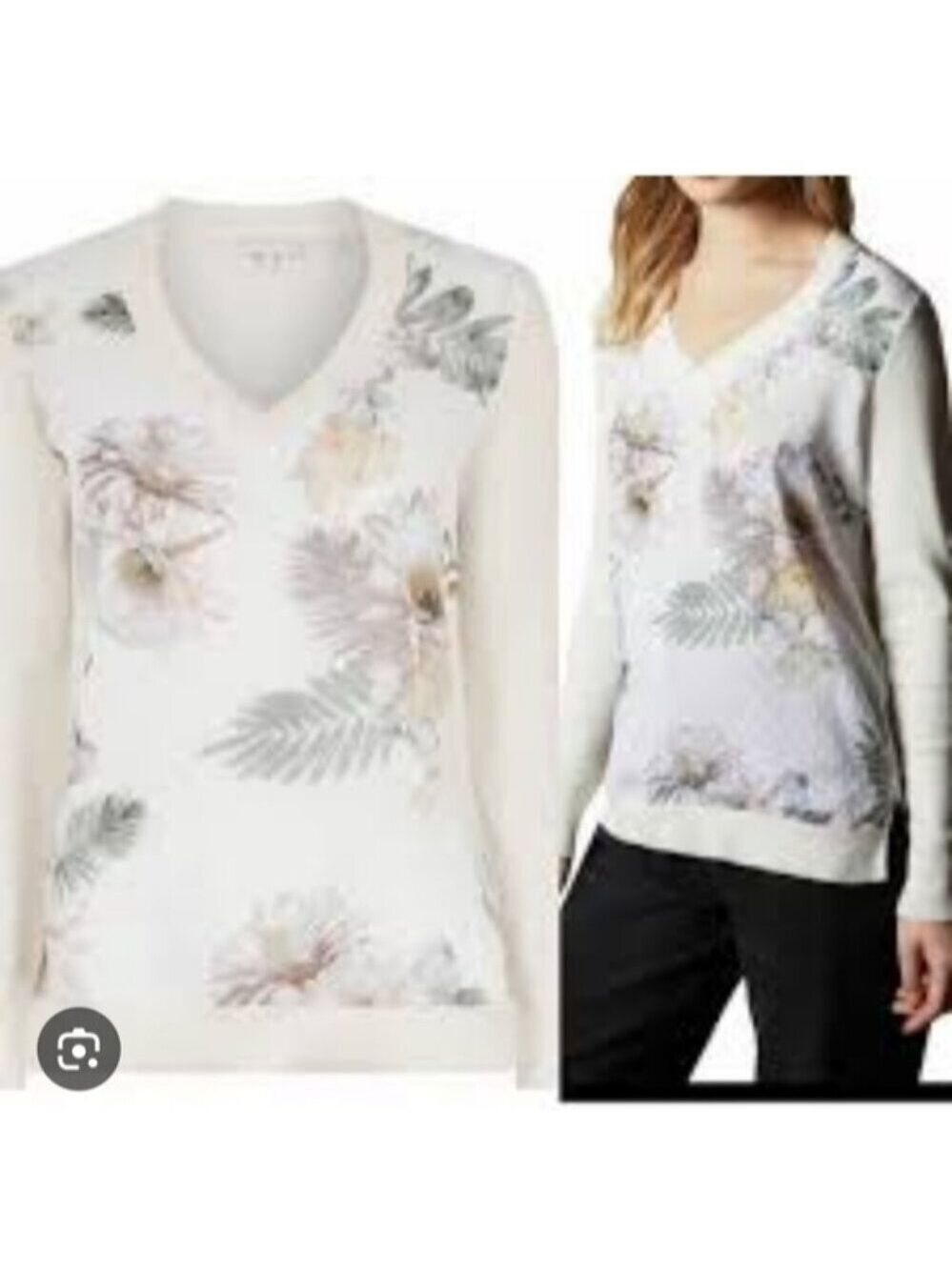 TED BAKER | Kaylaaa Woodland-print v-neck floral sweater Silk sz M